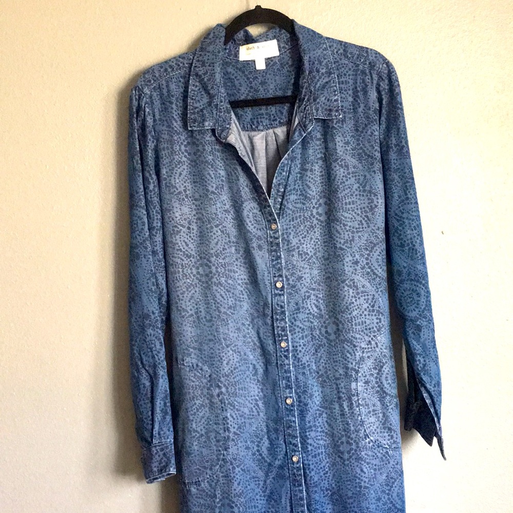 Anthropologie • Cloth and Stone Patterned Denim Midi Dress Long Sleeve Size XL